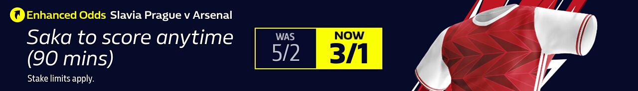 Slavia Prague v Arsenal Enhanced Odds Saka to score anytime (90 mins)